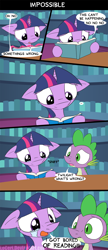 Size: 1600x3700 | Tagged: safe, artist:loceri, imported from derpibooru, spike, twilight sparkle, book, bored, comic, crying, dialogue, floppy ears, hilarious in hindsight, impossible, magic, open mouth, reading, slice of life, speech bubble