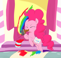 Size: 2039x1950 | Tagged: safe, artist:dambitail, imported from derpibooru, pinkie pie, female, mouth hold, paint, paintbrush, painting, rainbow, saddle bag, solo