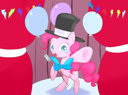 Size: 2361x1761 | Tagged: safe, artist:dambitail, imported from derpibooru, pinkie pie, balloon, female, hat, make a wish, microphone, ribbon, singing, solo, underhoof