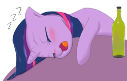 Size: 1405x901 | Tagged: safe, artist:dambitail, imported from derpibooru, twilight sparkle, pony, unicorn, blushing, bottle, cute, drunk, drunk twilight, eyes closed, female, mare, open mouth, sleeping, solo, zzz