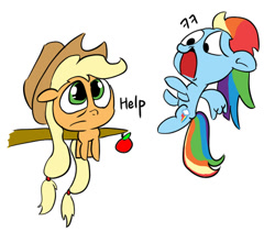 Size: 500x422 | Tagged: safe, artist:dambitail, imported from derpibooru, applejack, rainbow dash, apple, stuck