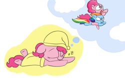 Size: 1280x800 | Tagged: safe, artist:dambitail, imported from derpibooru, pinkie pie, rainbow dash, cute, dream, floppy ears, flying, hat, nightcap, sleeping, underhoof, zzz