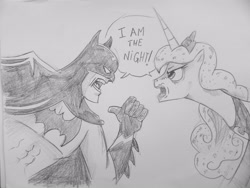 Size: 4320x3240 | Tagged: safe, artist:saturdaymorningproj, imported from derpibooru, princess luna, angry, batman, grayscale, hilarious in hindsight, i am the night, monochrome, pencil drawing, sketch, traditional art