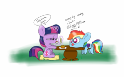 Size: 1280x800 | Tagged: safe, artist:dambitail, imported from derpibooru, rainbow dash, twilight sparkle, drinking, egghead, grammar error, menu, table