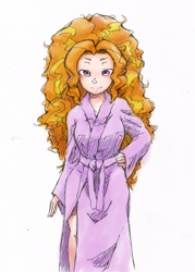 Size: 583x816 | Tagged: safe, artist:aisureimi, imported from derpibooru, adagio dazzle, equestria girls, 4chan, bathrobe, clothes, female, human coloration, looking at you, robe, solo