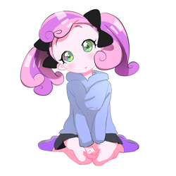 Size: 1000x1000 | Tagged: safe, artist:quizia, imported from derpibooru, sweetie belle, human, anime, clothes, cute, diasweetes, female, hoodie, humanized, looking at you, quizia is trying to murder us, skirt, solo, style emulation