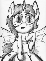 Size: 1024x1362 | Tagged: safe, artist:cadragon1, imported from derpibooru, oc, oc only, oc:artemis, changeling, baby, monochrome, solo, traditional art