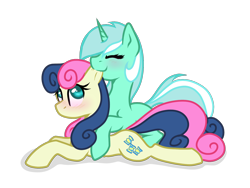 Size: 1280x960 | Tagged: safe, artist:suenden-hund, imported from derpibooru, bon bon, lyra heartstrings, sweetie drops, earth pony, pony, unicorn, blushing, ear bite, female, lesbian, lyrabon, shipping