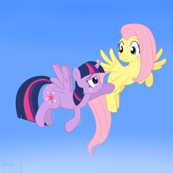 Size: 1500x1500 | Tagged: safe, artist:phallen1, imported from derpibooru, fluttershy, twilight sparkle, alicorn, pony, duo, duo female, female, flying, mare, newbie artist training grounds, simple background, twilight sparkle (alicorn)