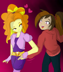 Size: 2480x2800 | Tagged: safe, artist:amazingpuffhair, imported from derpibooru, adagio dazzle, oc, oc:cupcake slash, equestria girls, bedroom eyes, blushing, canon x oc, cute, female, heart, holding hands, lesbian, self insert, shipping