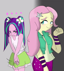 Size: 3600x4000 | Tagged: safe, artist:amazingpuffhair, imported from derpibooru, aria blaze, fluttershy, equestria girls, absurd resolution, ariashy, blushing, clothes, clothes swap, covering, cute, embarrassed, female, flutterblaze, lesbian, shipping, skirt, sleeveless, tanktop, tsundaria, tsundere