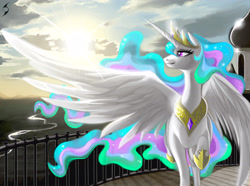 Size: 4724x3508 | Tagged: safe, artist:blackrunewarlock, imported from derpibooru, princess celestia, alicorn, pony, canterlot, female, high res, mare, raised hoof, river, solo, spread wings, sun