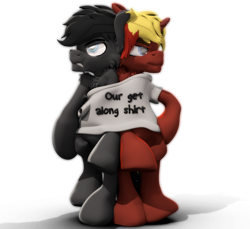 Size: 1024x936 | Tagged: safe, artist:sherfur, imported from derpibooru, oc, oc only, oc:flick, oc:scoots, pony, 3d, get along shirt, male, stallion