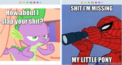 Size: 509x270 | Tagged: safe, imported from derpibooru, spike, derpibooru, 60s spider-man, exploitable meme, how about i slap your shit, impact font, juxtaposition, juxtaposition win, meme, meta, spider-man, vulgar