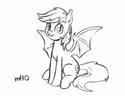 Size: 8664x6708 | Tagged: safe, artist:empty-10, imported from derpibooru, oc, oc only, oc:daturea eventide, bat pony, pony, absurd resolution, fangs, grayscale, monochrome, sitting, solo, traditional art