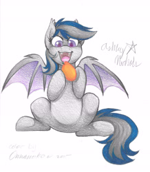 Size: 5235x5999 | Tagged: safe, artist:ashleynicholsart, artist:onnanoko, deleted from derpibooru, imported from derpibooru, oc, oc only, oc:daturea eventide, bat pony, pony, absurd resolution, fangs, mango, sitting, solo, traditional art