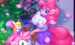 Size: 1575x956 | Tagged: safe, artist:0r0ch1, imported from derpibooru, pinkie pie, oc, anthro, amy rose, babs bunny, bento, breasts, burger, busty pinkie pie, clothes, crossover, eating, female, furry, grin, jacket, lunch, mimi, patreon, petals, pink, school uniform, shirt, skirt, smiling, sonic the hedgehog (series), tiny toon adventures