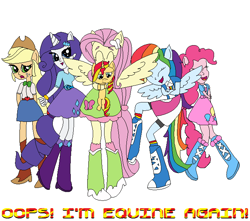 Size: 682x602 | Tagged: safe, artist:alipopsie, imported from derpibooru, applejack, fluttershy, pinkie pie, rainbow dash, rarity, sunset shimmer, pony, equestria girls, fanfic art, holding a pony, humane five, ponied up