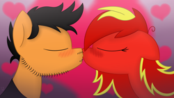 Size: 1920x1080 | Tagged: safe, artist:fakskis, imported from derpibooru, oc, oc:scarlet nekolita, blushing, contest entry, female, heart, kissing, male, markiplier, oc x oc, ponified, shipping, straight