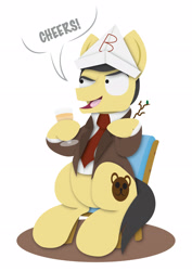 Size: 2480x3508 | Tagged: safe, artist:bobthedalek, imported from derpibooru, pony, chair, clothes, crossover, hat, jacket, mr bean, necktie, paper hat, ponified, simple background, solo, vector, white background