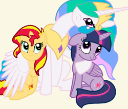 Size: 1005x858 | Tagged: dead source, safe, artist:kracatuluc, imported from derpibooru, princess celestia, sunset shimmer, twilight sparkle, alicorn, pony, unicorn, hug, twilight sparkle (alicorn), winghug