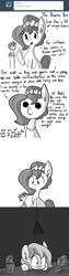 Size: 726x2904 | Tagged: safe, artist:tjpones, imported from derpibooru, oc, oc only, oc:brownie bun, earth pony, pony, horse wife, ask, brownie bun without her pearls, existential crisis, monochrome, peanut butter, philosophy, solo, toy, tumblr