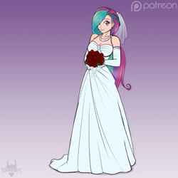 Size: 1024x1024 | Tagged: safe, artist:scorpdk, imported from derpibooru, princess celestia, human, alternate hairstyle, beautiful, bouquet, braid, breasts, bride, busty princess celestia, cleavage, clothes, cute, cutelestia, dress, ear piercing, earring, evening gloves, eye clipping through hair, eyebrows, eyebrows visible through hair, female, flower, gloves, gradient background, hair over one eye, humanized, jewelry, long gloves, looking at you, necklace, patreon, piercing, rose, smiling, smiling at you, solo, stupid sexy celestia, wedding dress, wedding veil