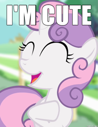 Size: 555x719 | Tagged: safe, edit, imported from derpibooru, screencap, sweetie belle, pony, unicorn, captain obvious, cute, diasweetes, eyes closed, female, filly, i'm cute, image macro, meme, open mouth, raised hoof, smiling, solo, truth