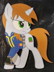 Size: 2358x3129 | Tagged: safe, artist:adog0718, imported from derpibooru, oc, oc only, oc:littlepip, pony, unicorn, fallout equestria, clothes, fanfic, female, jumpsuit, lightbringer, mare, pipbuck, solo, vault suit, woodwork