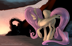 Size: 1200x769 | Tagged: safe, artist:1trick, artist:buckitponydoodles, imported from derpibooru, fluttershy, cave, featureless crotch, monster