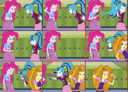 Size: 7166x5197 | Tagged: safe, artist:amante56, imported from derpibooru, adagio dazzle, pinkie pie, sonata dusk, equestria girls, absurd resolution, comic, crown, hammerspace, hammerspace hair, rocket launcher, water balloon, water balloon launcher, watergun