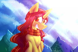 Size: 1500x1000 | Tagged: safe, artist:whisperfoot, imported from derpibooru, oc, oc only, oc:autumn leaf, clothes, cloud, cloudy, lineless, long mane, mountain, scarf, sky, solo, sun