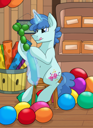 Size: 1024x1408 | Tagged: safe, artist:itstaylor-made, imported from derpibooru, party favor, backwards cutie mark, balloon, belly button, concentrating, magic, male, party, solo, tongue out