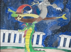 Size: 2338x1700 | Tagged: safe, artist:merrittwilson, imported from derpibooru, discord, ben ali gator, dance of the hours, fantasia, traditional art