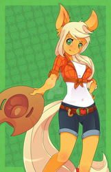 Size: 1100x1700 | Tagged: safe, artist:zowieblaze, imported from derpibooru, applejack, anthro, breasts, busty applejack, clothes, female, front knot midriff, midriff, shirt, shorts, solo