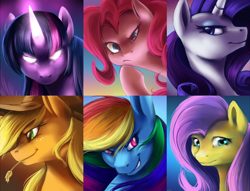 Size: 3374x2571 | Tagged: safe, artist:oblivionheart13, imported from derpibooru, applejack, fluttershy, pinkie pie, rainbow dash, rarity, twilight sparkle, alicorn, pony, female, glowing eyes, glowing horn, grin, magic, mane six, mare, portrait, smiling, straw, twilight sparkle (alicorn)