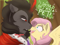 Size: 1000x750 | Tagged: safe, artist:evehly, imported from derpibooru, fluttershy, king sombra, pegasus, pony, unicorn, boop, dialogue, duo, eye contact, female, frown, heart, how about no, male, nose wrinkle, noseboop, open mouth, shipping, smiling, sombrashy, spread wings, straight, unamused, wide eyes