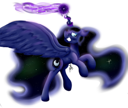 Size: 1550x1300 | Tagged: safe, artist:missadric2, imported from derpibooru, princess luna, female, floppy ears, gritted teeth, magic, rearing, simple background, solo, spread wings