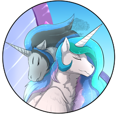 Size: 1300x1230 | Tagged: safe, artist:kuroleopard, imported from derpibooru, king sombra, princess celestia, celestibra, eyes closed, female, fluffy, good king sombra, male, mirror universe, neck hug, shipping, straight