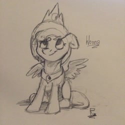 Size: 2448x2448 | Tagged: safe, artist:navigatoralligator, imported from derpibooru, princess luna, female, filly, monochrome, simple background, sitting, solo, spread wings, traditional art, woona