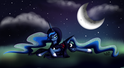 Size: 1024x561 | Tagged: safe, artist:sylvianfox, imported from derpibooru, princess luna, cape, clothes, dark brotherhood, female, grass, looking at you, moon, night, prone, smirk, solo, the elder scrolls