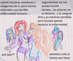 Size: 2267x1911 | Tagged: safe, artist:elgatosabio, imported from derpibooru, adagio dazzle, aria blaze, princess celestia, sonata dusk, sunset shimmer, equestria girls, rainbow rocks, crying, female, implied menstruation, lined paper, principal celestia, spanish, story included, the dazzlings, traditional art, translated in the comments