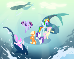 Size: 2000x1600 | Tagged: safe, artist:boardofwordplay, imported from derpibooru, applejack, fluttershy, pinkie pie, rainbow dash, rarity, twilight sparkle, alicorn, fish, pony, female, mane six, mare, twilight sparkle (alicorn), underwater