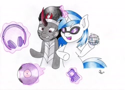 Size: 2276x1648 | Tagged: safe, artist:spirit-dude, imported from derpibooru, dj pon-3, king sombra, vinyl scratch, derp, glowing horn, headphones, mp3 player, traditional art