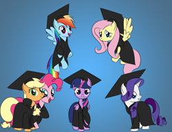 Size: 3300x2550 | Tagged: safe, artist:lifesharbinger, imported from derpibooru, applejack, fluttershy, pinkie pie, rainbow dash, rarity, twilight sparkle, alicorn, pony, cap, clothes, dress, female, gown, graduation, graduation cap, hat, mane six, mare, twilight sparkle (alicorn)