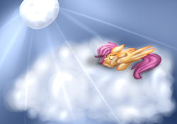 Size: 1000x703 | Tagged: safe, artist:catavenger, imported from derpibooru, scootaloo, pegasus, pony, cloud, eyes closed, female, floppy ears, moon, moonlight, prone, sleeping, solo