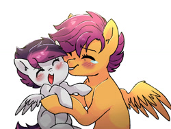 Size: 1024x768 | Tagged: safe, artist:kianamai, imported from derpibooru, scootaloo, oc, oc:echo (kilala), kilalaverse, crying, cute, cutealoo, feels, hug, mama scoots, mother and daughter, next generation, ocbetes, offspring, parent:rumble, parent:scootaloo, parents:rumbloo, sad, sadorable, scootaloo can't fly, scootasad, story included