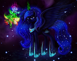 Size: 2247x1779 | Tagged: safe, artist:das_leben, imported from derpibooru, oc, oc only, alicorn, pony, alicorn oc, fire, flower, glowing horn, levitation, magic, night, not luna, smiling, solo, spread wings, stars, water