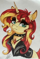 Size: 878x1280 | Tagged: safe, artist:dvixie, deleted from derpibooru, imported from derpibooru, sunset shimmer, pony, unicorn, choker, clothes, collar, cutie mark pendant, ear fluff, eyeshadow, frown, jacket, jewelry, leather jacket, lidded eyes, looking at you, makeup, necklace, pendant, solo, spiked choker, spiked collar, traditional art