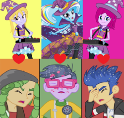 Size: 938x892 | Tagged: safe, imported from derpibooru, flash sentry, fuchsia blush, lavender lace, microchips, sandalwood, trixie, equestria girls, friendship games, rainbow rocks, background human, crack shipping, female, fuchsiasentry, male, microtrix, sandalace, shipping, shipping domino, straight, triple shipping domino, trixie and the illusions